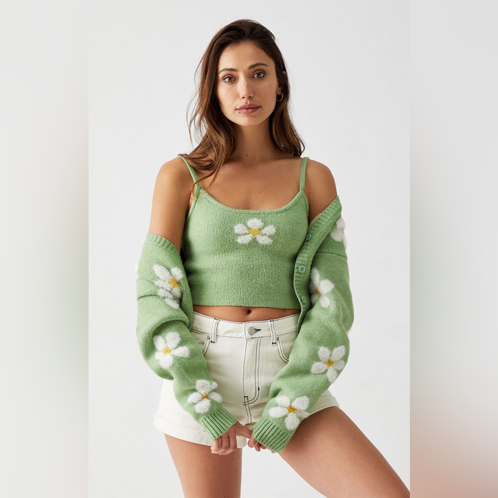 NWOT Floral Daisy Print Spring Cardigan Crop Cami Tank Top Set Rehab Lab Green M